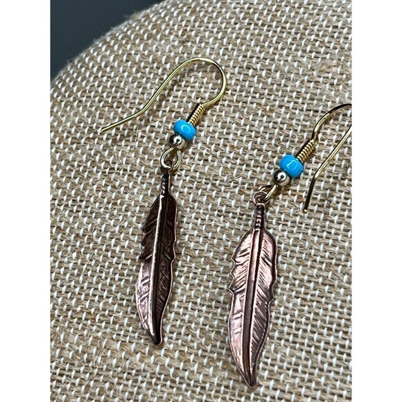 Copper Feather Dangle Earrings With Turquoise Bead Accent - Picture 5 of 7